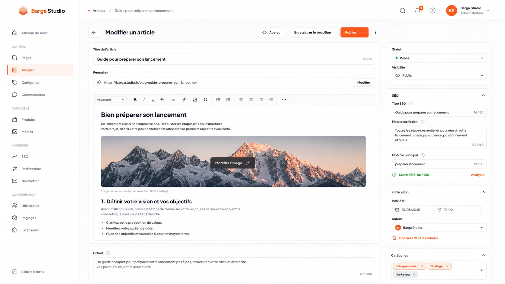 Interface CMS Barga Studio pour modifier un article de blog