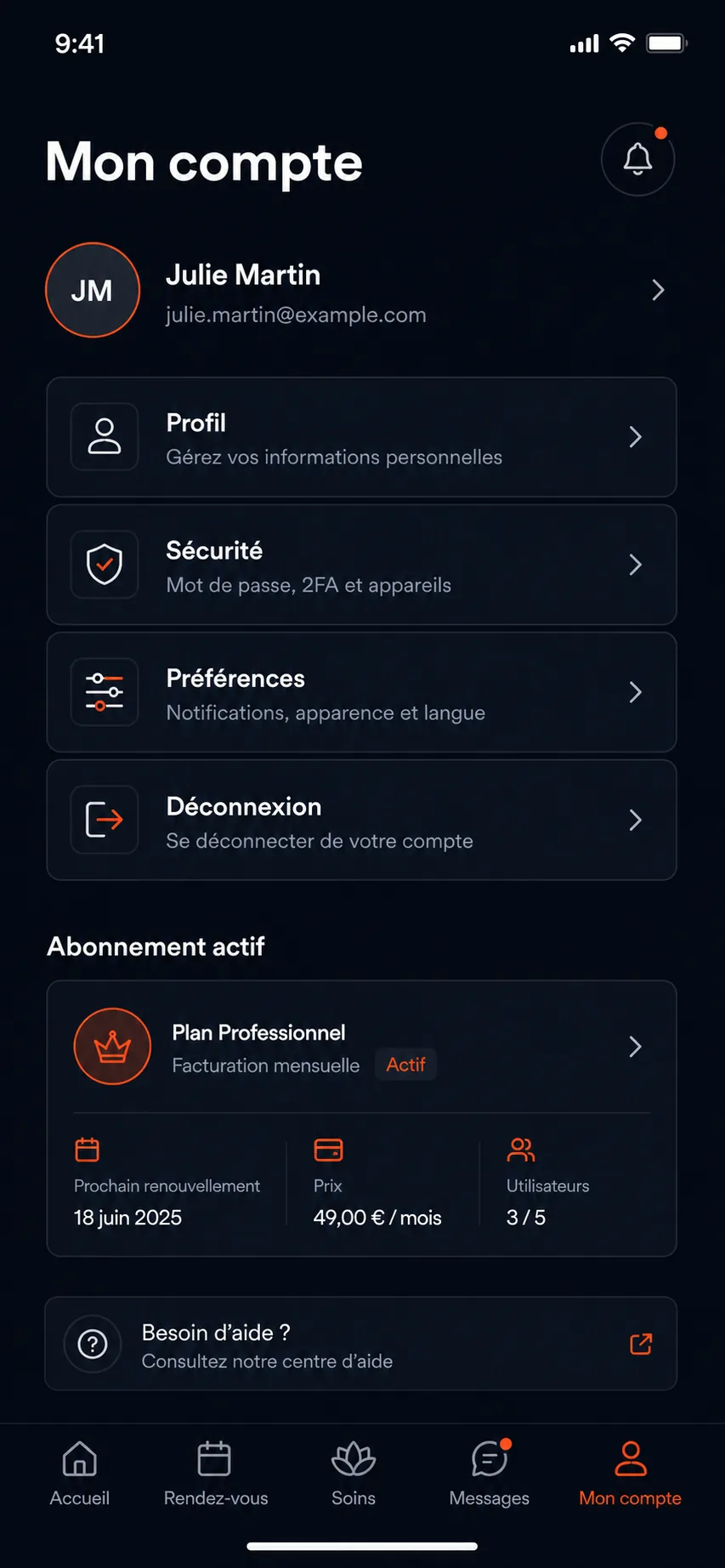 Écran mobile sombre de compte utilisateur