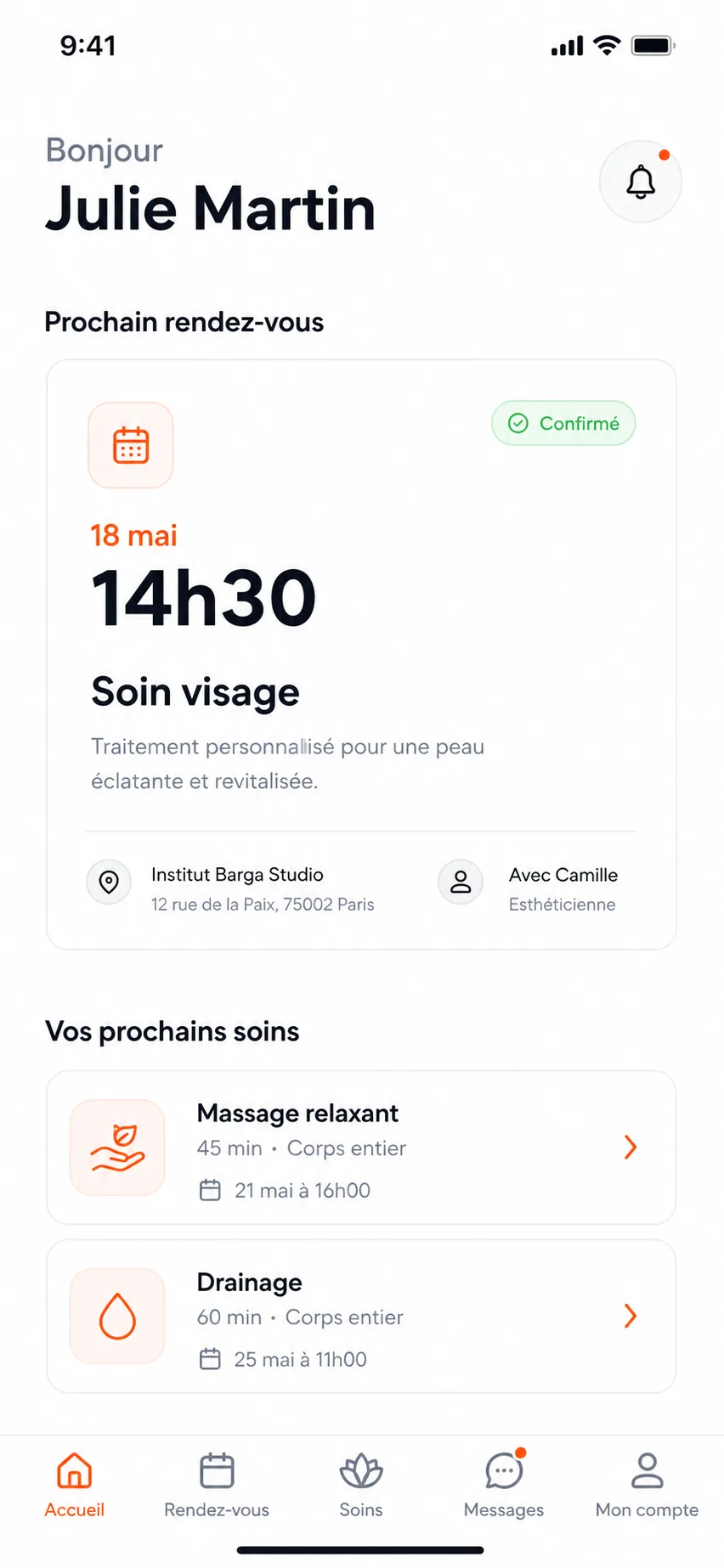 Écran mobile d'accueil avec prochain rendez-vous