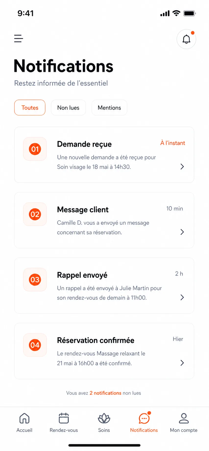 Écran mobile de notifications client